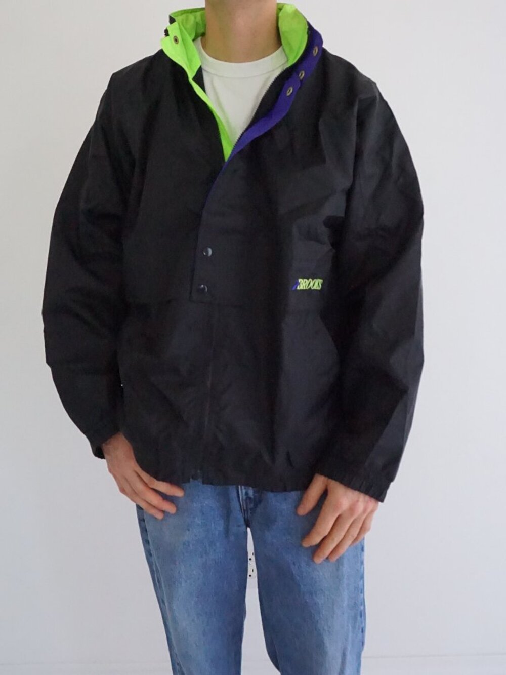 Vintage Brooks Black Neon Green Colourblock Lightweight Windbreaker Jacket L